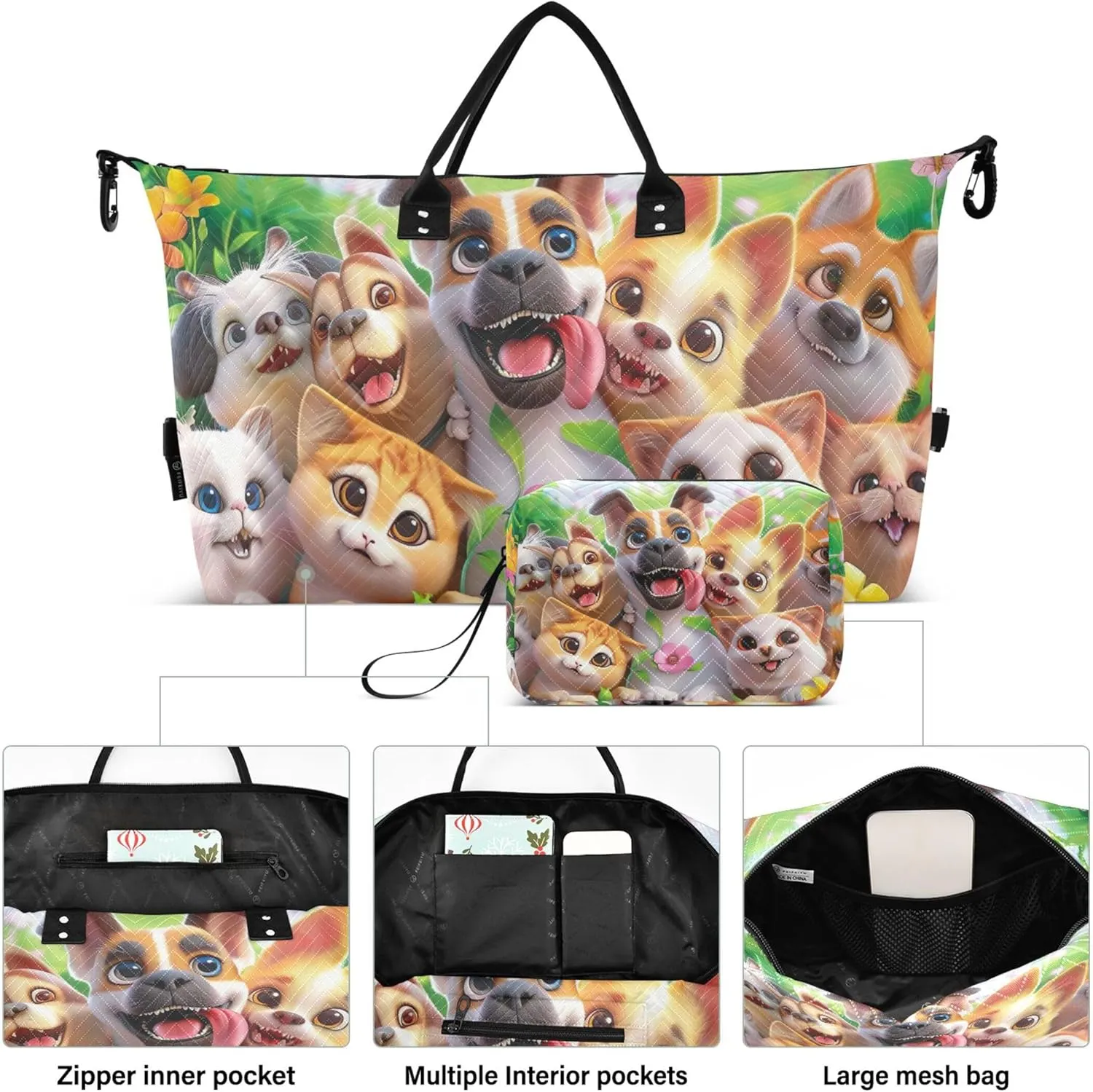 Cat Dog Cute Animals Travel Duffel Bags Makeup Bag Set of 2, Cute Women Sports Bags Overnight Hospital Bag