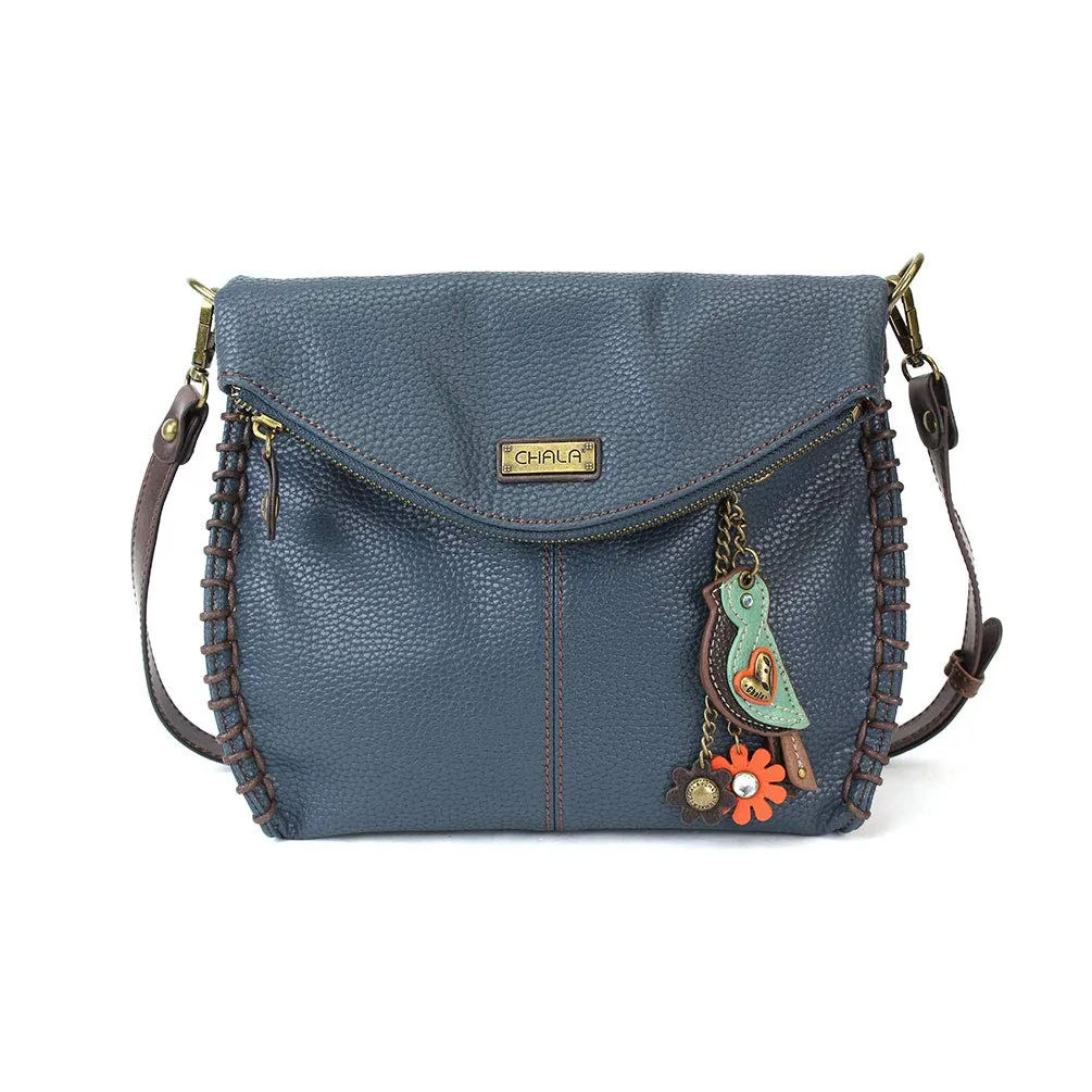 Chala Charming Crossbody Bag - Flap Top and Metal Key Charm in Navy Blue, Cross-Body or Shoulder Purse