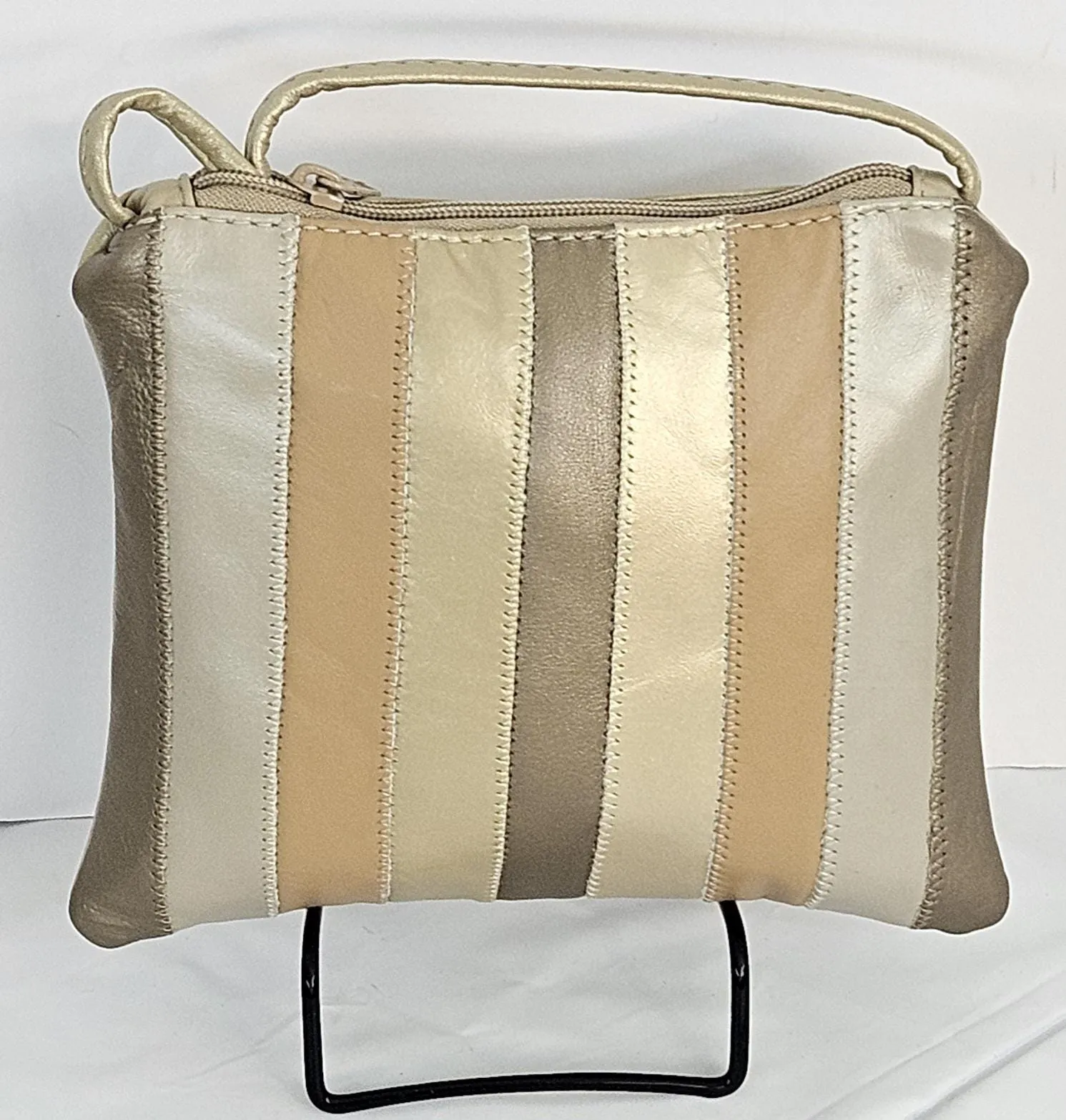 Champagne with 4 mix color Zigzag stich Crossbody Handbag#TR3302C4c-Z,Purses for girls,women,Universal Use Genuine Leather. Made in USA.