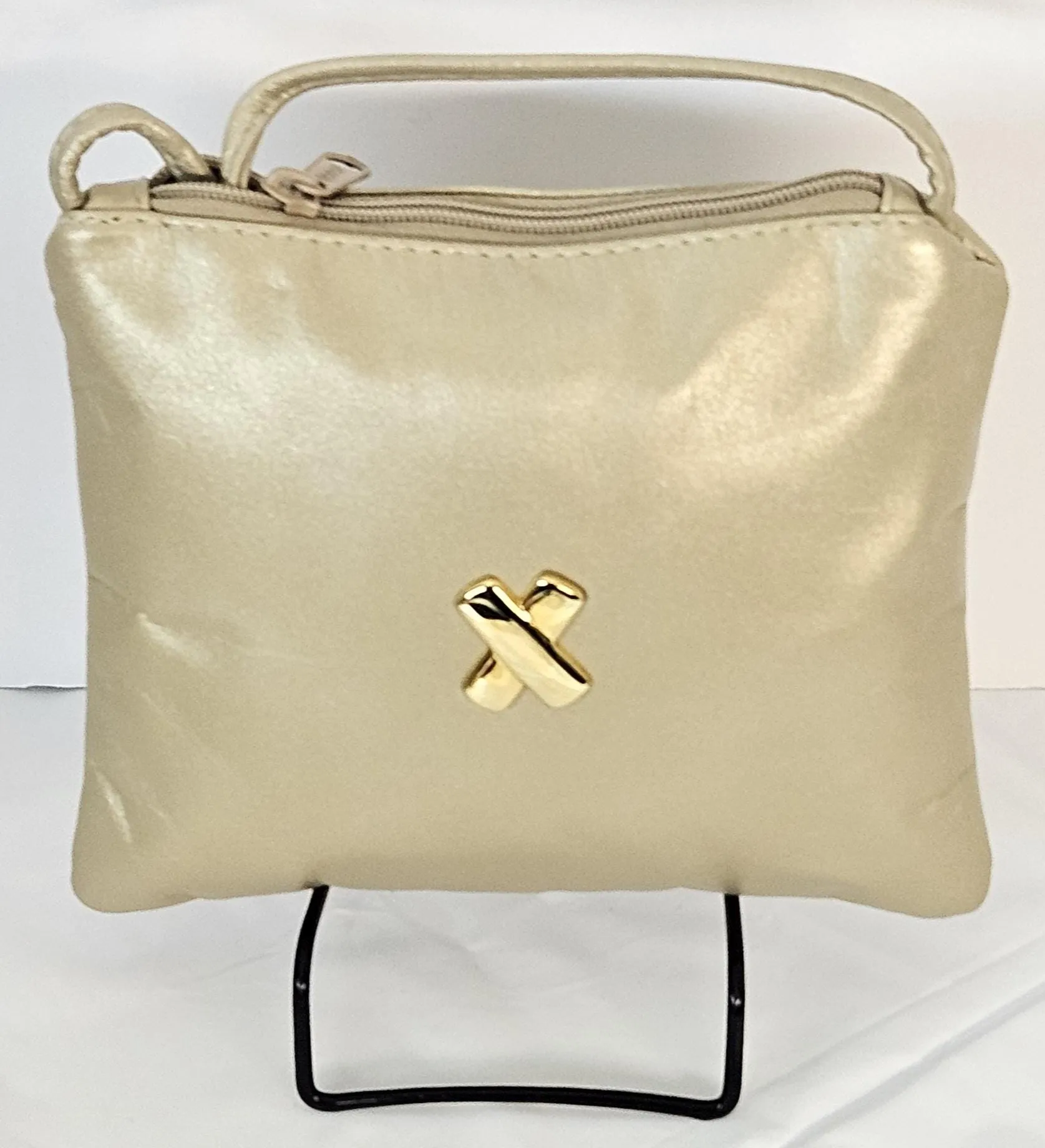 Champagne with gold matel X,Crossbody Handbag#TR3302Cg-X,Purses for girls, Genuine Leather. Made in USA