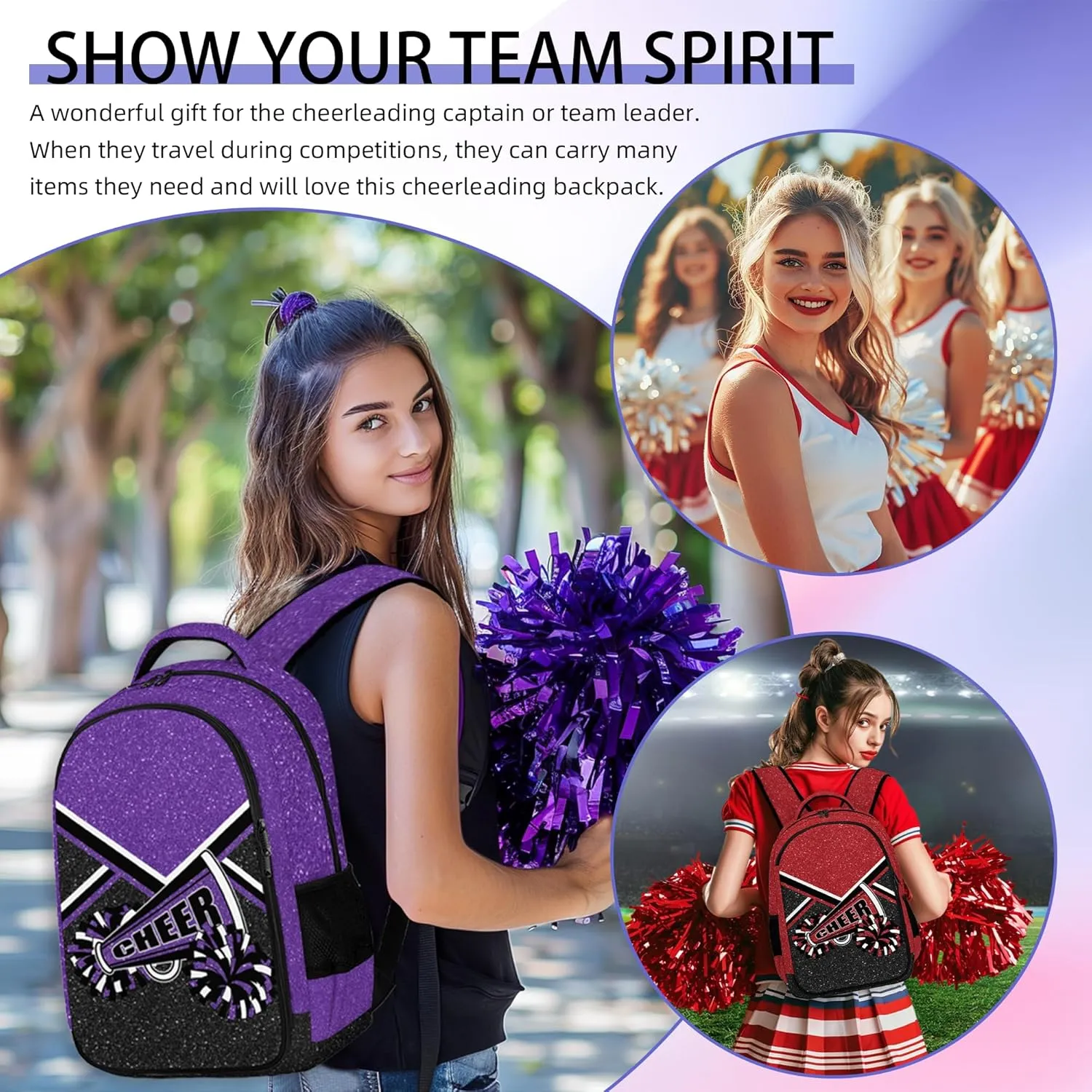 Cheer Backpack for Cheerleader, Cheerleading Gifts for Teams, Women (Purple)