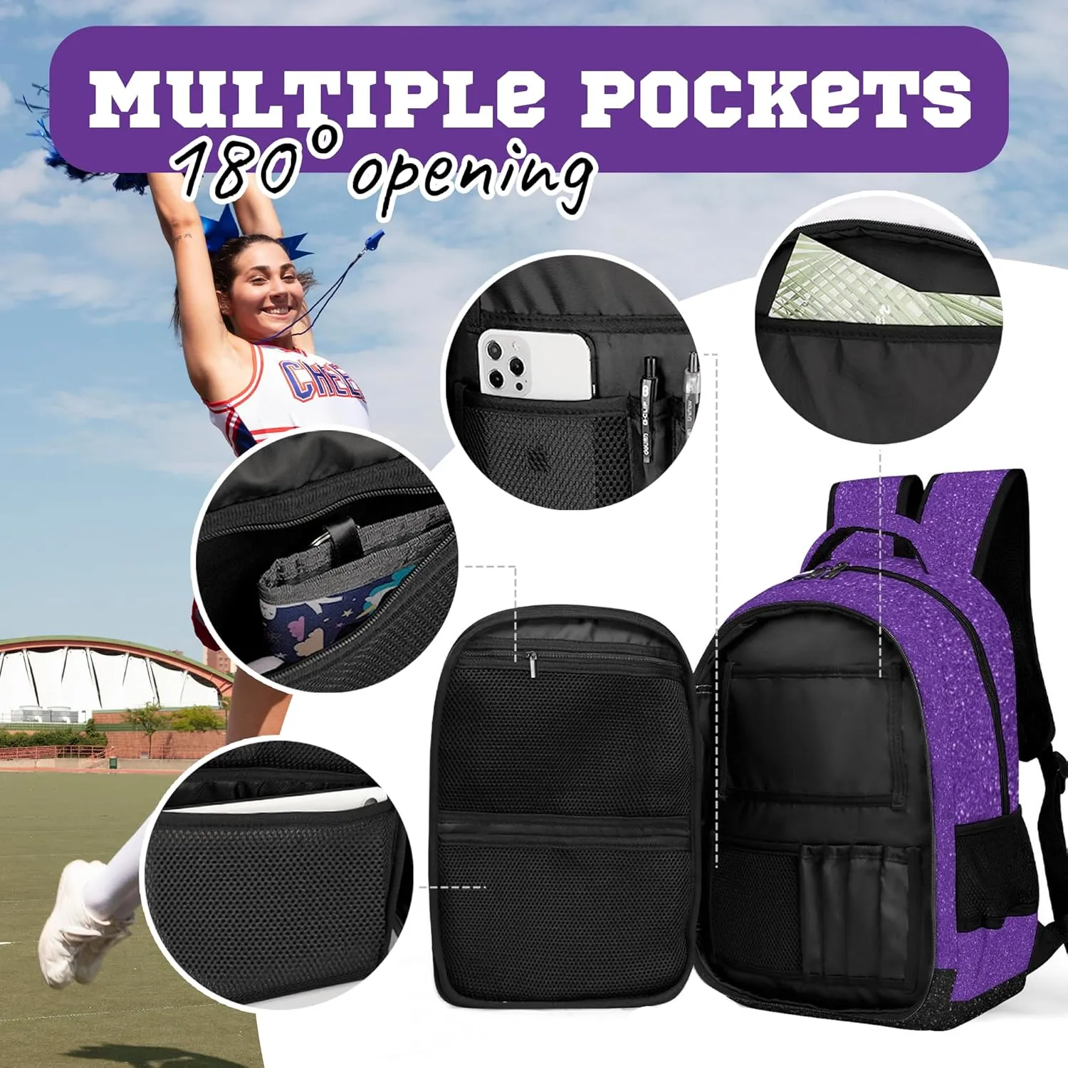 Cheer Backpack for Cheerleader, Cheerleading Gifts for Teams, Women (Purple)