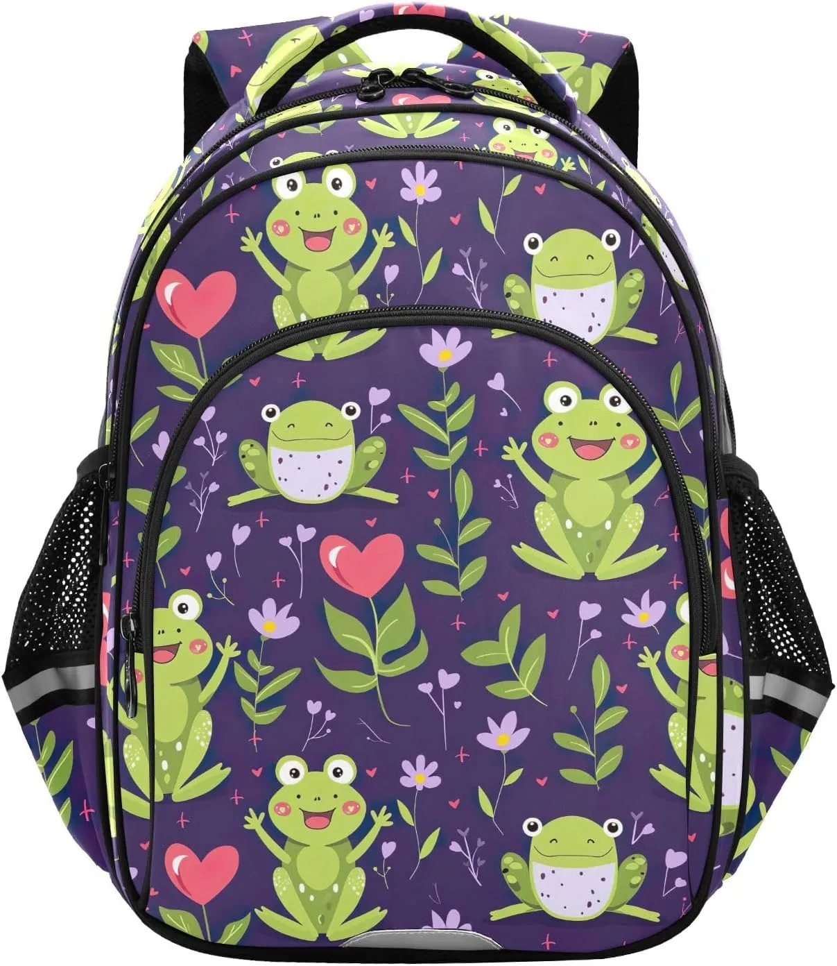 CHIFIGNO Cute Cartoon Frogs Flowers Purple Kids School Backpack Travel Bookbag Boys Girls Lightweight Backpacks for Teens with Reflective Stripes
