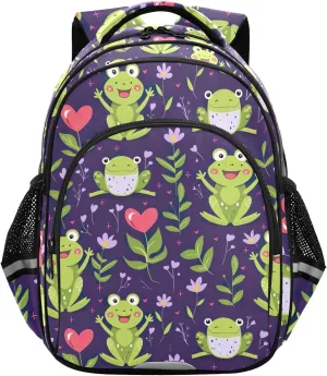 CHIFIGNO Cute Cartoon Frogs Flowers Purple Kids School Backpack Travel Bookbag Boys Girls Lightweight Backpacks for Teens with Reflective Stripes