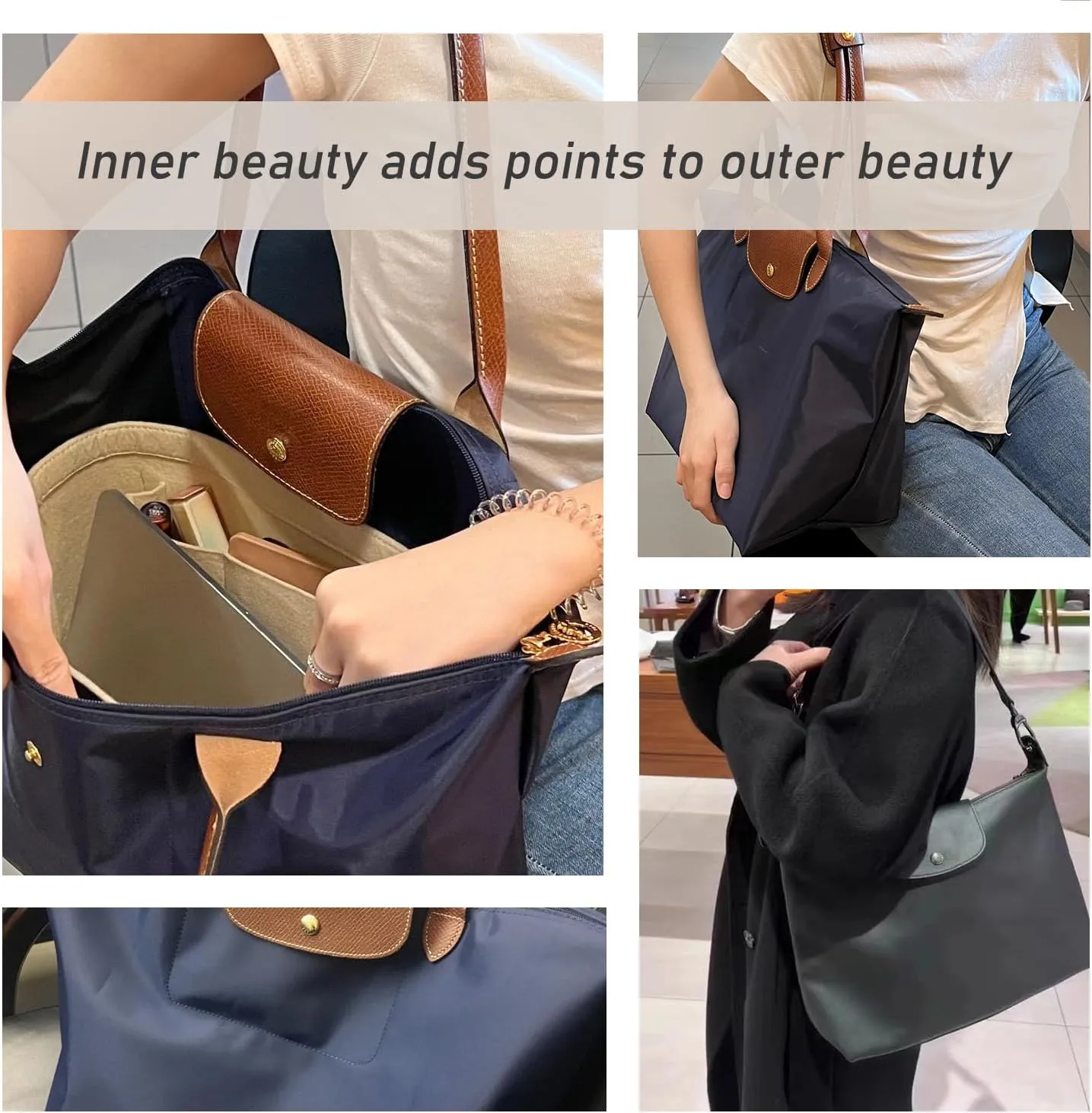 Chispee Felt Purse Organizer Insert Tote Bag Organizers for Longchamp Divider Pocket & Zipper Inner Bag Liner fit Medium, Beige