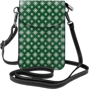 Christmas Green Snowflakes Small Crossbody Bags for Women Travel Cell Phone Pouch PU Leather Cross Body Bag Adjustable Shoulder Strap Phone Purses Lightweight Wallet Purse with Credit Card Slots