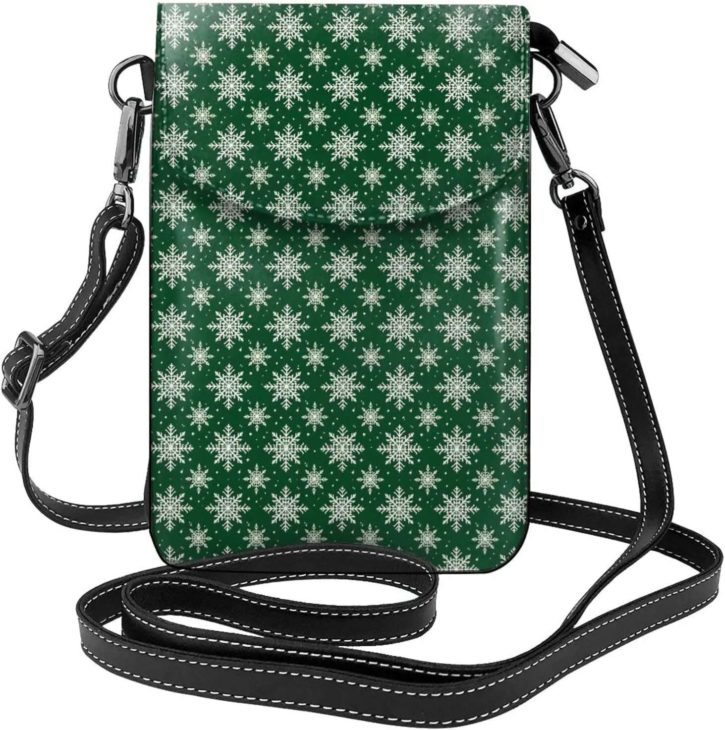 Christmas Green Snowflakes Small Crossbody Bags for Women Travel Cell Phone Pouch PU Leather Cross Body Bag Adjustable Shoulder Strap Phone Purses Lightweight Wallet Purse with Credit Card Slots