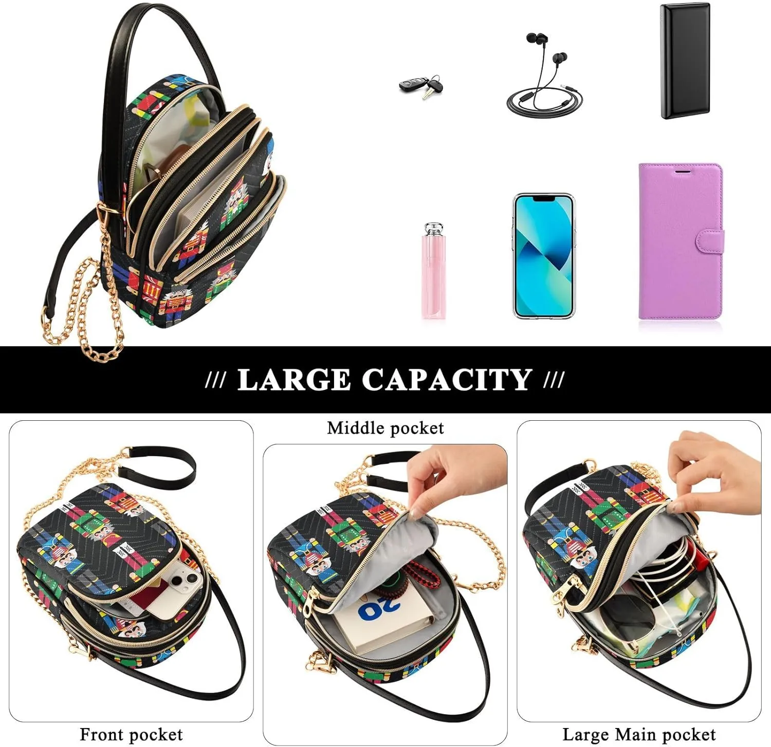 Christmas Nutcracker Crossbody Bags for Women Small Purse Chain Shoulder Bags Hand Bags for Trip Gifts Work