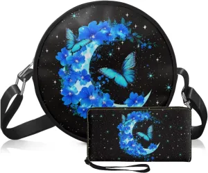 Circle Purse Set for Women Girls, PU Round Crossbody Bag with PU Wallet for Party Work