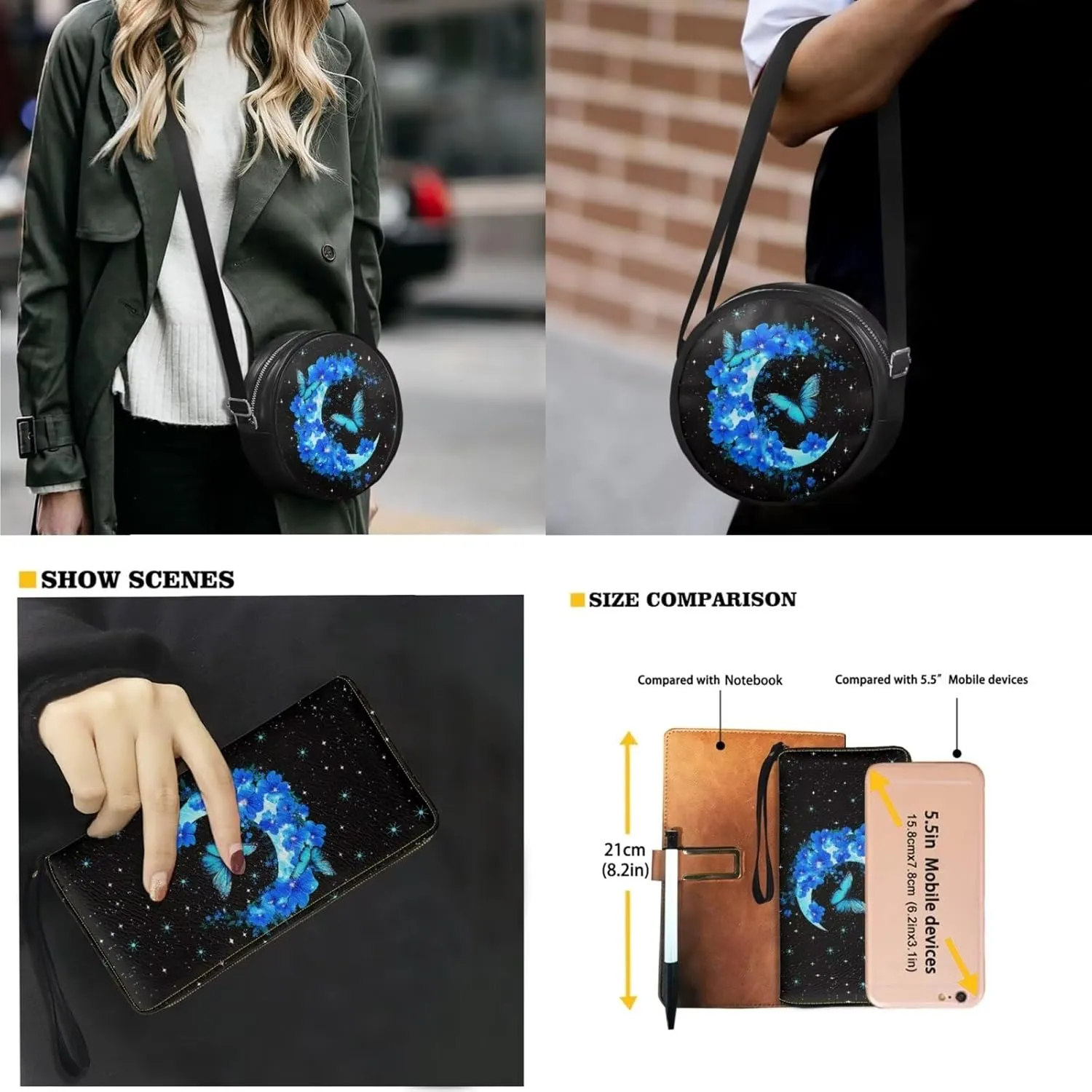 Circle Purse Set for Women Girls, PU Round Crossbody Bag with PU Wallet for Party Work