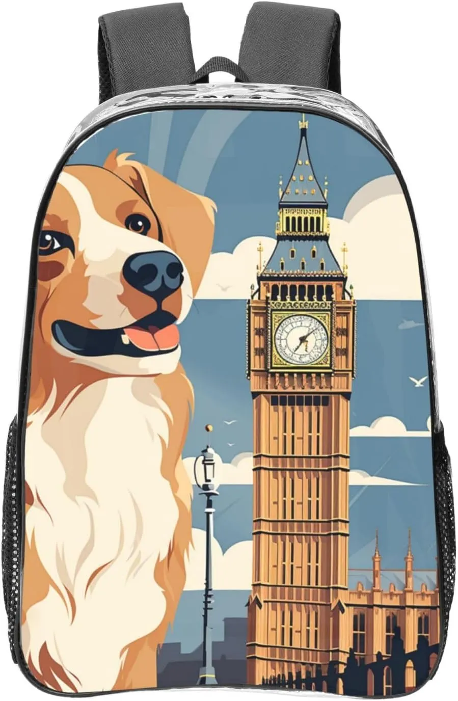 Clear Backpack Heavy Duty PVC Transparent Bookbag A dog sitting next to a building and Big Ben Backpack Daypack Laptop Backpack