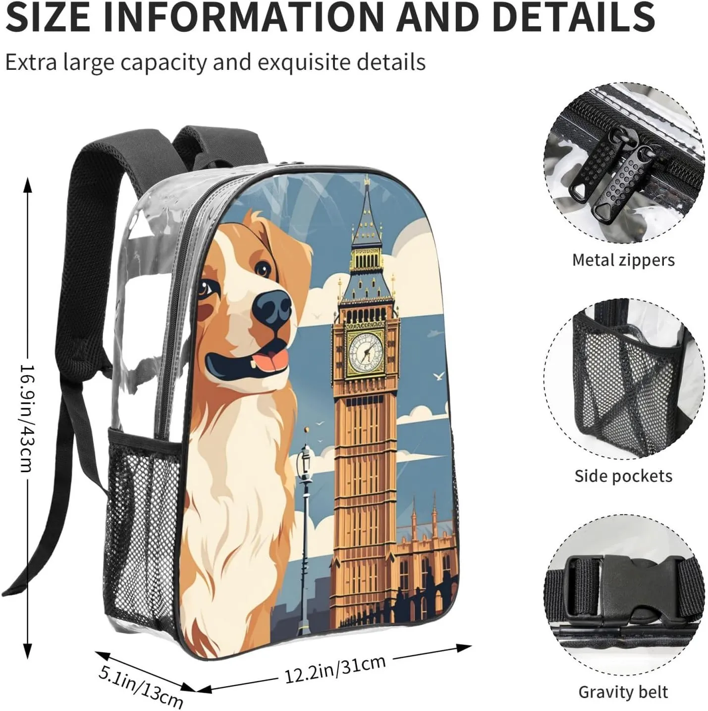Clear Backpack Heavy Duty PVC Transparent Bookbag A dog sitting next to a building and Big Ben Backpack Daypack Laptop Backpack