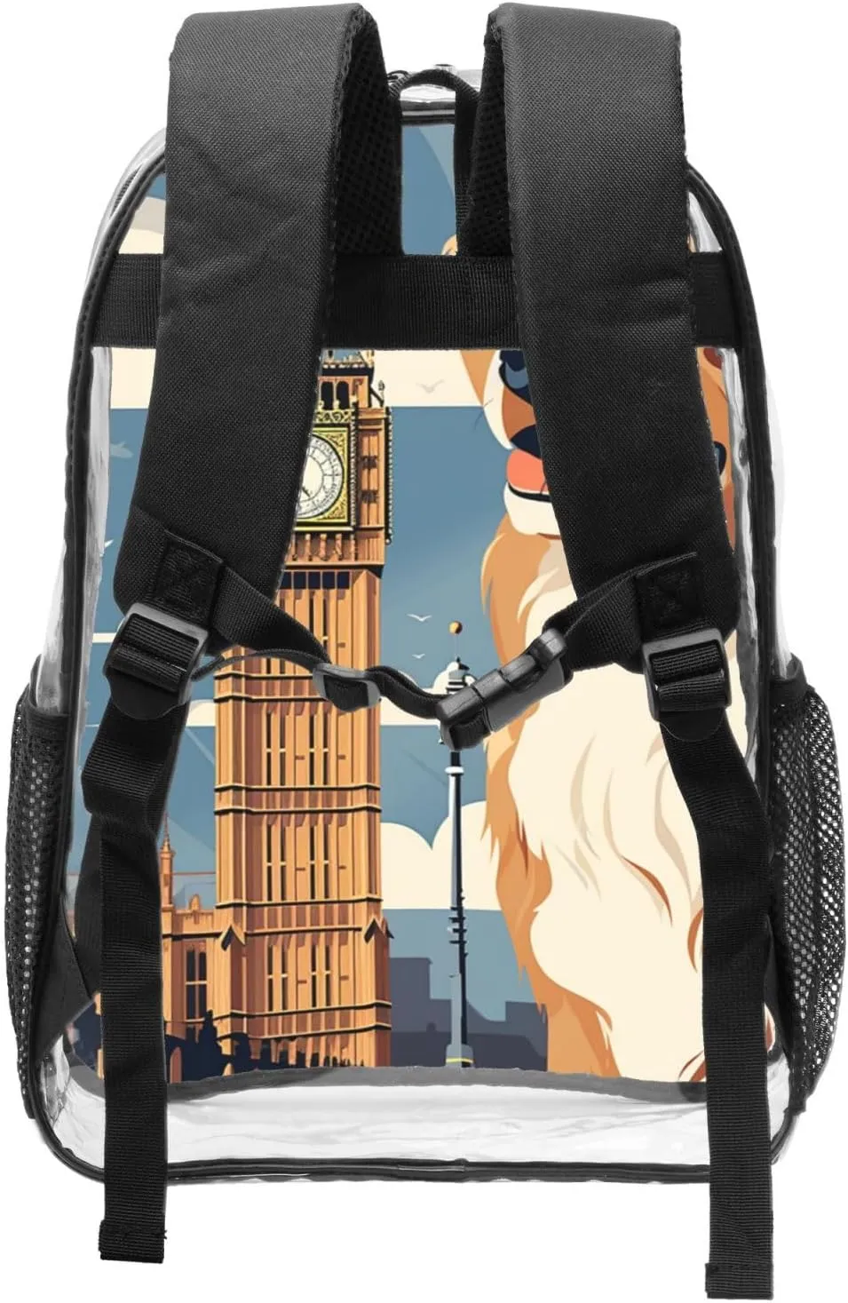 Clear Backpack Heavy Duty PVC Transparent Bookbag A dog sitting next to a building and Big Ben Backpack Daypack Laptop Backpack