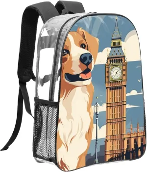 Clear Backpack Heavy Duty PVC Transparent Bookbag A dog sitting next to a building and Big Ben Backpack Daypack Laptop Backpack
