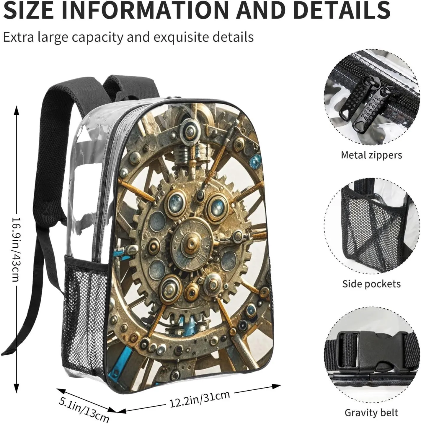 Clear Backpack Heavy Duty PVC Transparent Bookbag Cool Steampunk Gears Backpack Daypack Laptop Backpack
