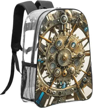 Clear Backpack Heavy Duty PVC Transparent Bookbag Cool Steampunk Gears Backpack Daypack Laptop Backpack