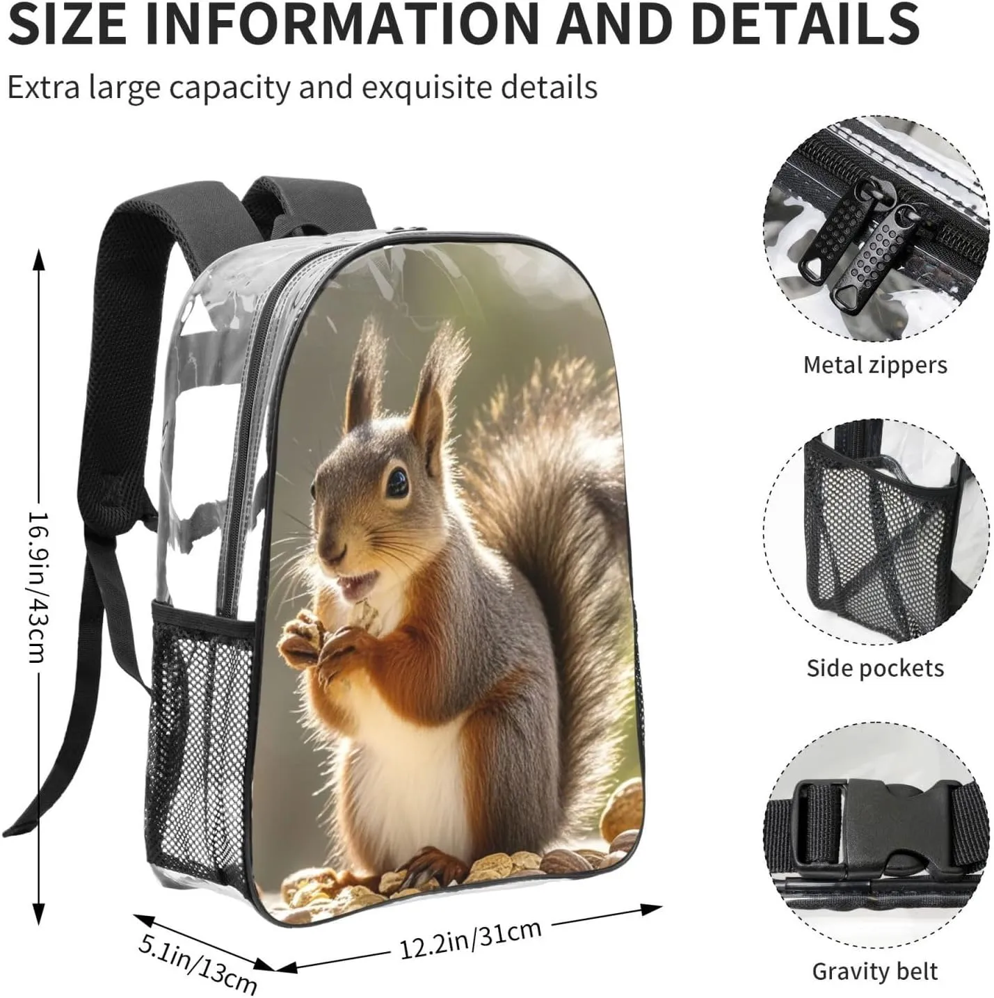 Clear Backpack Heavy Duty PVC Transparent Bookbag Cute Squirrel Eating Nuts Backpack Daypack Laptop Backpack