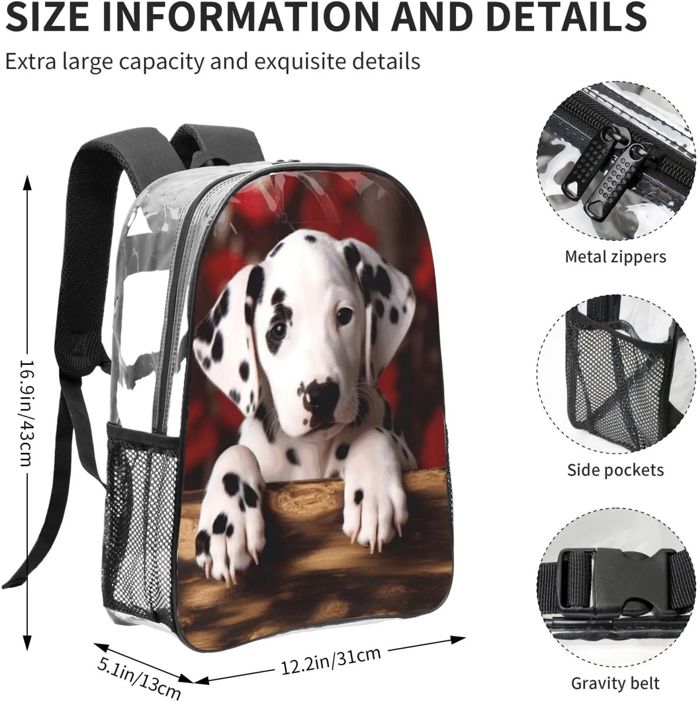 Clear Backpack Heavy Duty PVC Transparent Bookbag dalmatian puppy Backpack Daypack Laptop Backpack