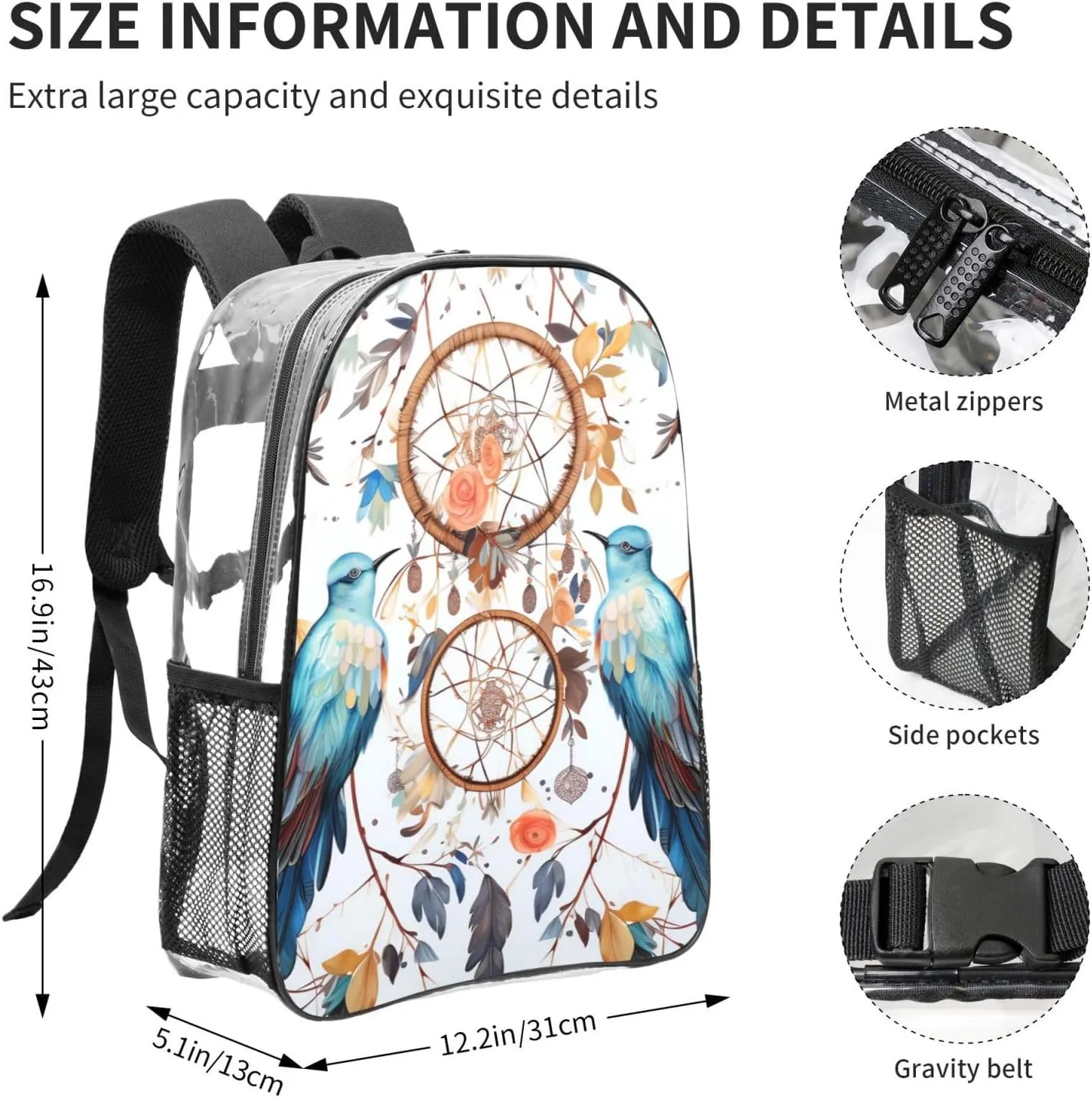 Clear Backpack Heavy Duty PVC Transparent Bookbag Dream catcher and bird Backpack Daypack Laptop Backpack