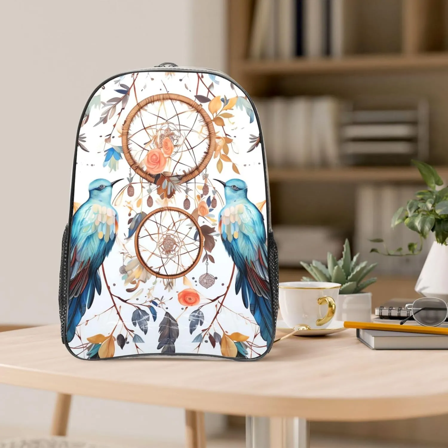 Clear Backpack Heavy Duty PVC Transparent Bookbag Dream catcher and bird Backpack Daypack Laptop Backpack