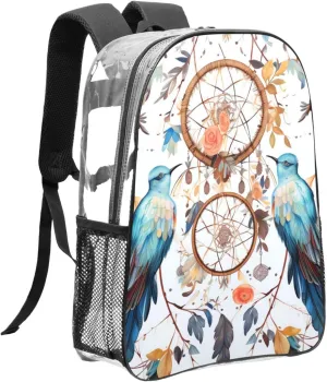 Clear Backpack Heavy Duty PVC Transparent Bookbag Dream catcher and bird Backpack Daypack Laptop Backpack