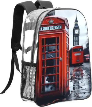 Clear Backpack Heavy Duty PVC Transparent Bookbag England UK Retro London Telephone Backpack Daypack Laptop Backpack