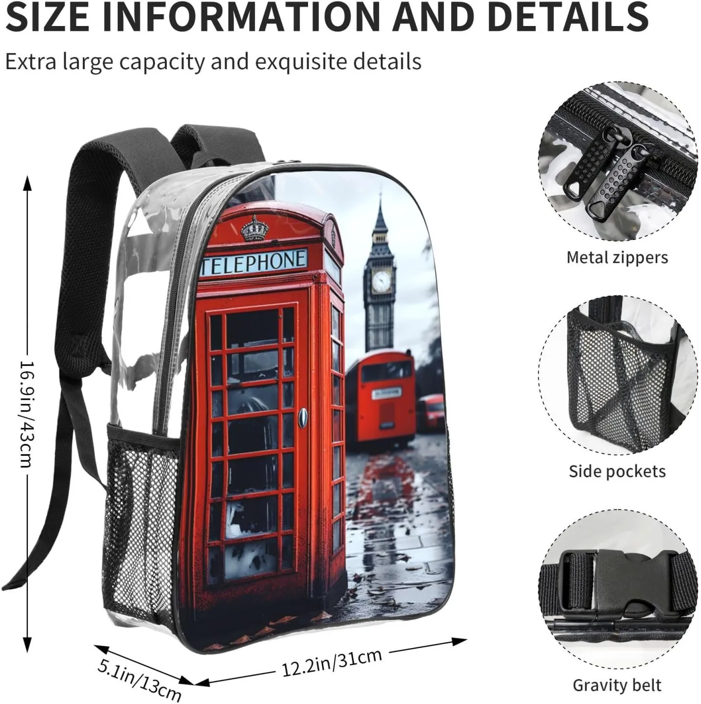 Clear Backpack Heavy Duty PVC Transparent Bookbag England UK Retro London Telephone Backpack Daypack Laptop Backpack