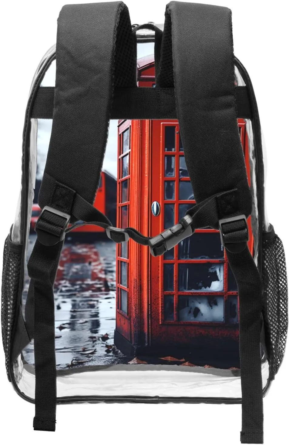 Clear Backpack Heavy Duty PVC Transparent Bookbag England UK Retro London Telephone Backpack Daypack Laptop Backpack