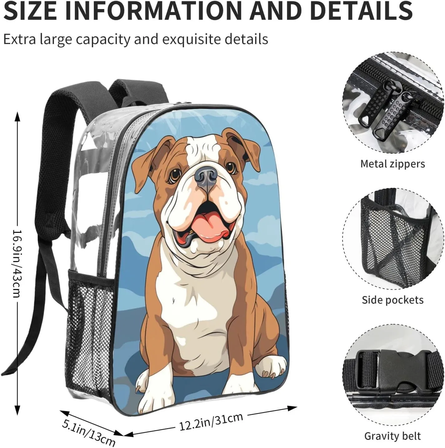 Clear Backpack Heavy Duty PVC Transparent Bookbag English bulldog seamless illustration Backpack Daypack Laptop Backpack