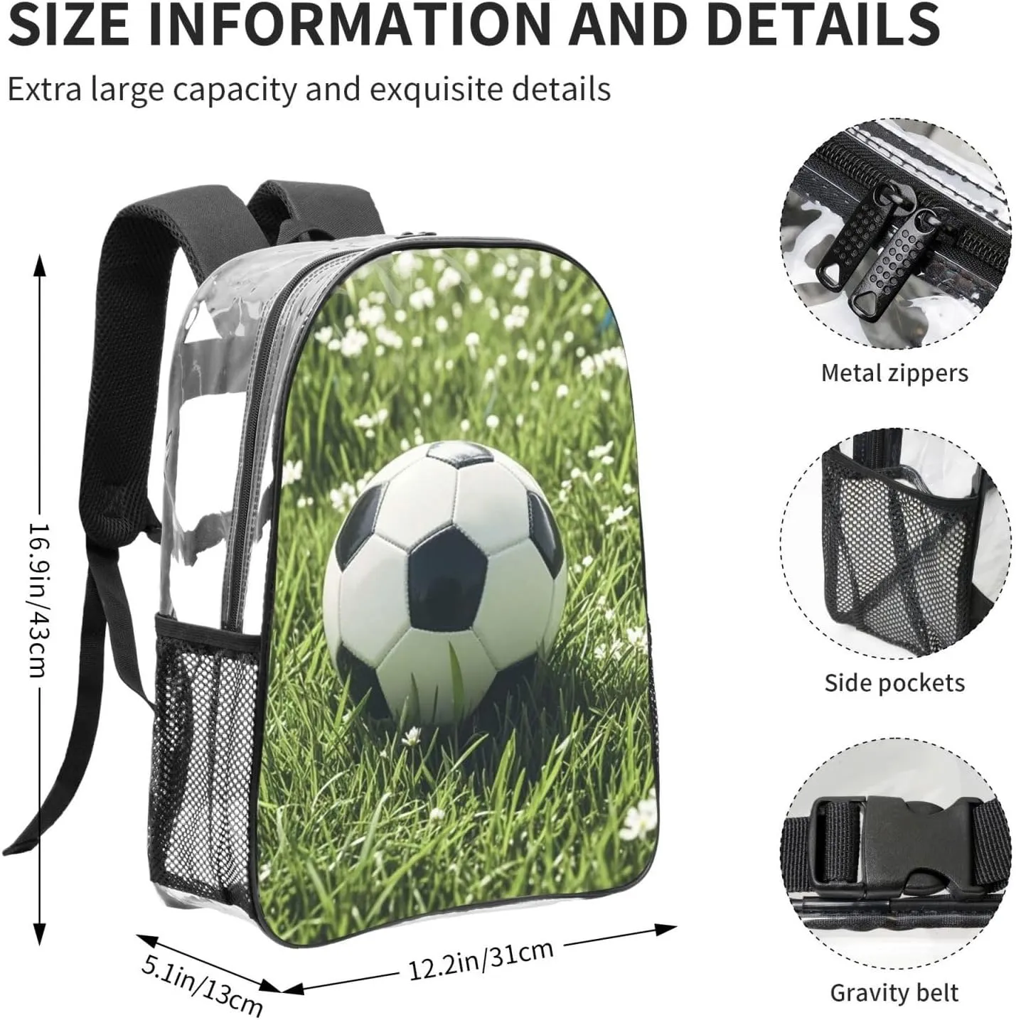 Clear Backpack Heavy Duty PVC Transparent Bookbag Football Green Grass Backpack Daypack Laptop Backpack