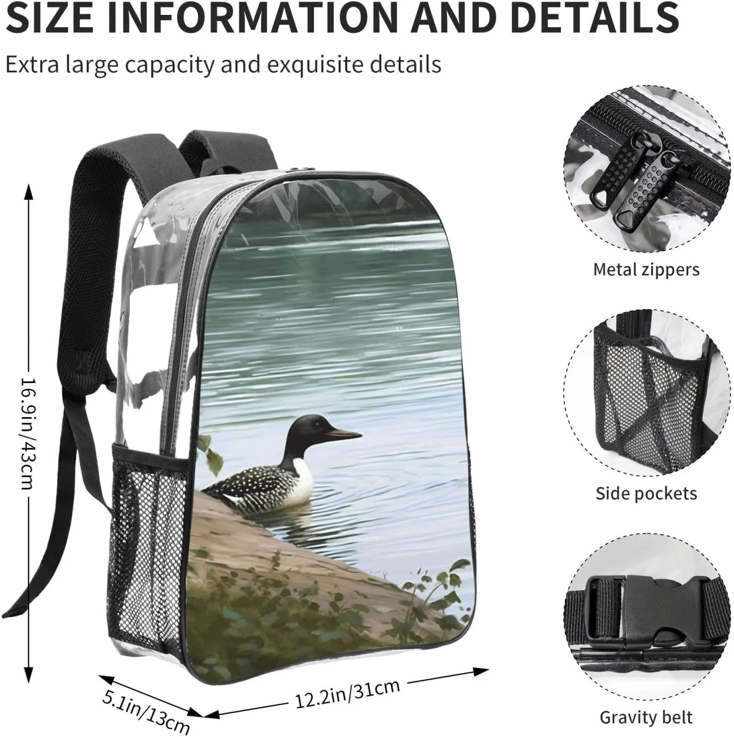 Clear Backpack Heavy Duty PVC Transparent Bookbag Loon Nature Birds Backpack Daypack Laptop Backpack