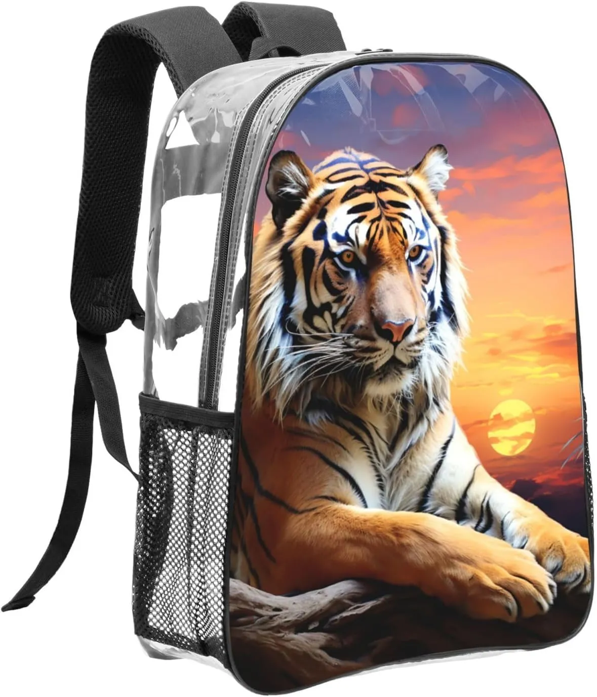 Clear Backpack Heavy Duty PVC Transparent Bookbag Tiger Colorful Sunset Backpack Daypack Laptop Backpack