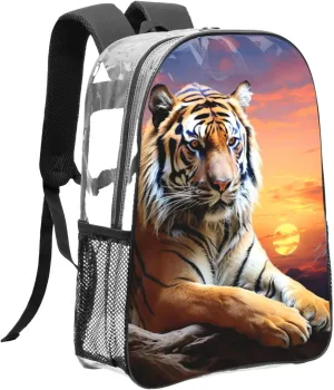 Clear Backpack Heavy Duty PVC Transparent Bookbag Tiger Colorful Sunset Backpack Daypack Laptop Backpack
