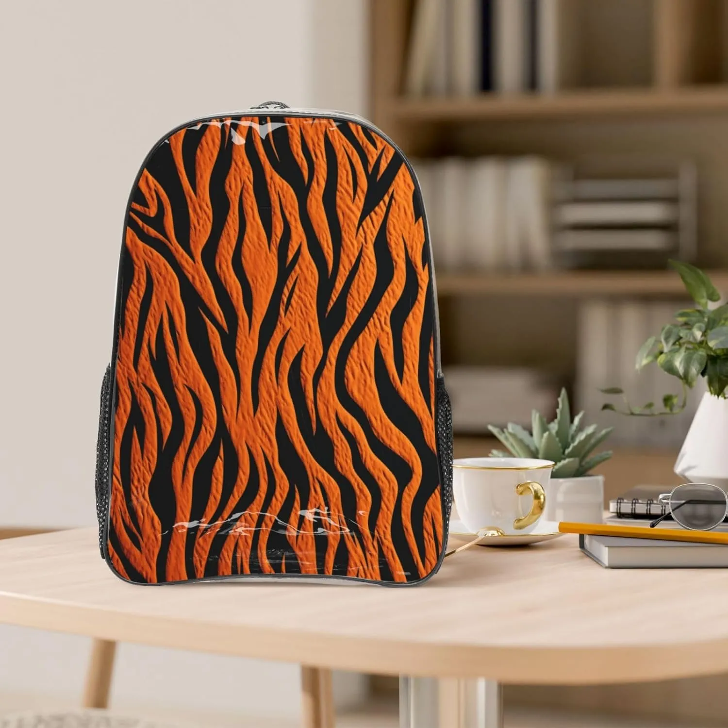 Clear Backpack Heavy Duty PVC Transparent Bookbag Tiger Stripes Orange Backpack Daypack Laptop Backpack