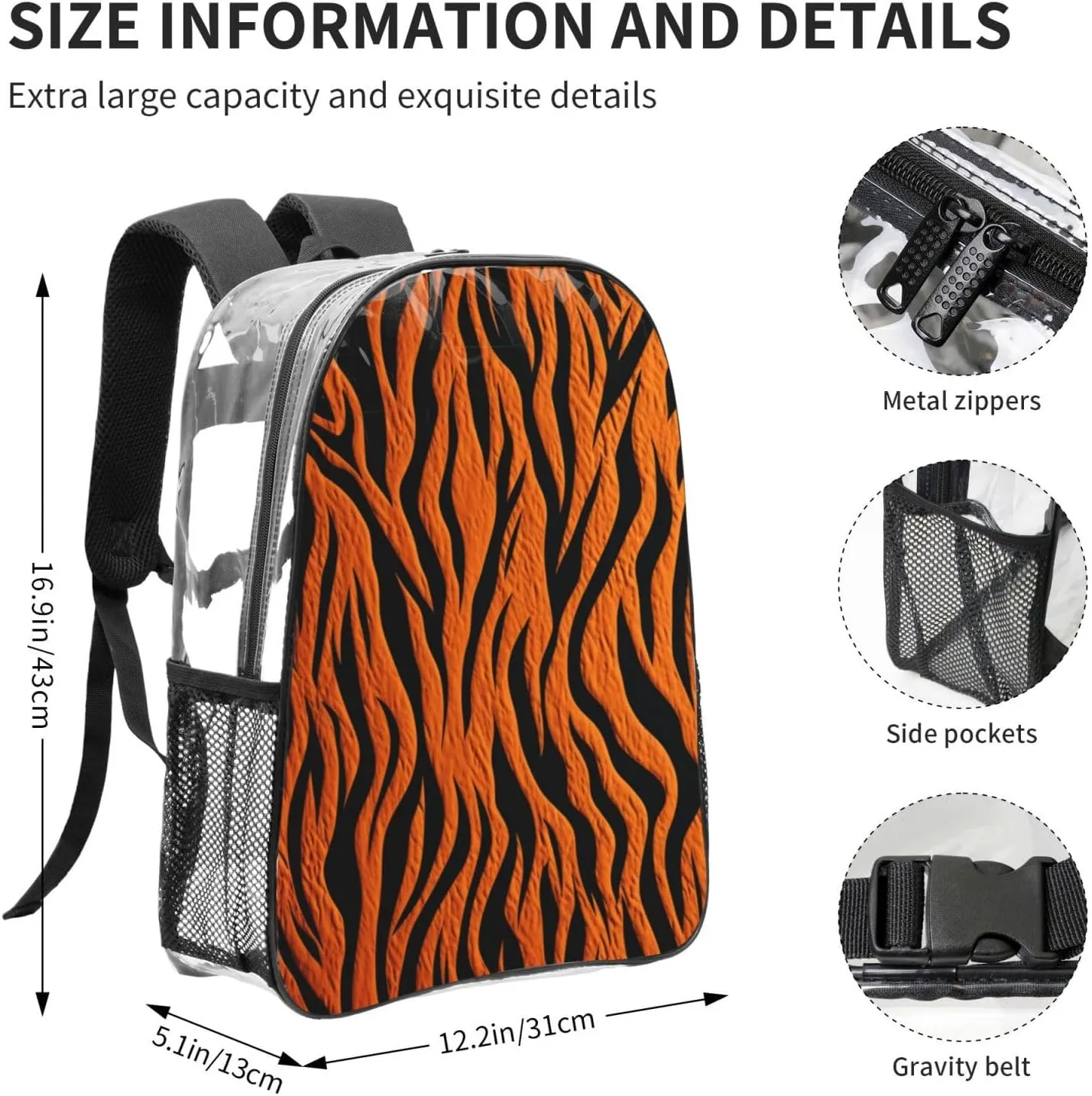 Clear Backpack Heavy Duty PVC Transparent Bookbag Tiger Stripes Orange Backpack Daypack Laptop Backpack