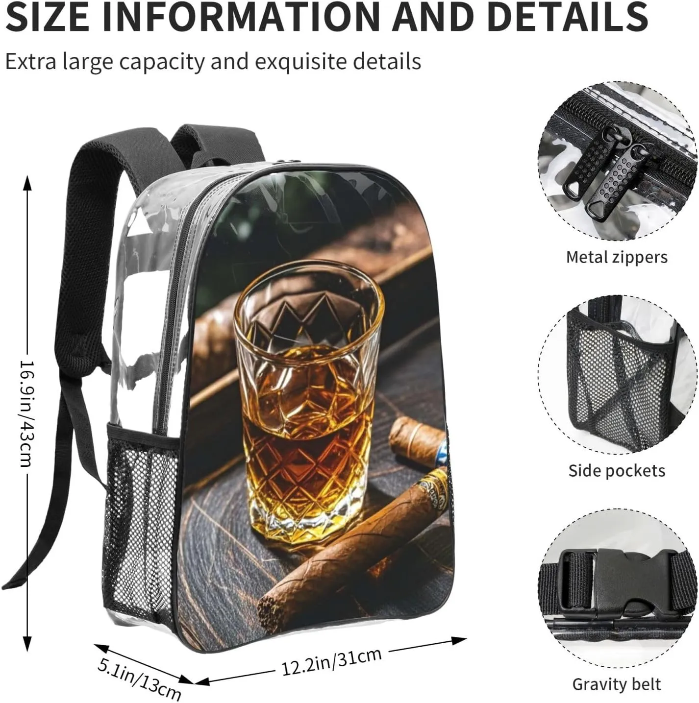 Clear Backpack Heavy Duty PVC Transparent Bookbag Whisky and Cigar Backpack Daypack Laptop Backpack