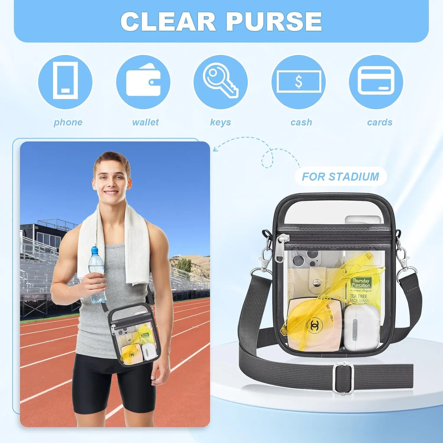Clear Bag for Stadium Events - Small Purse, Mini Sport Fan Handbag for Concert, Work, Travel