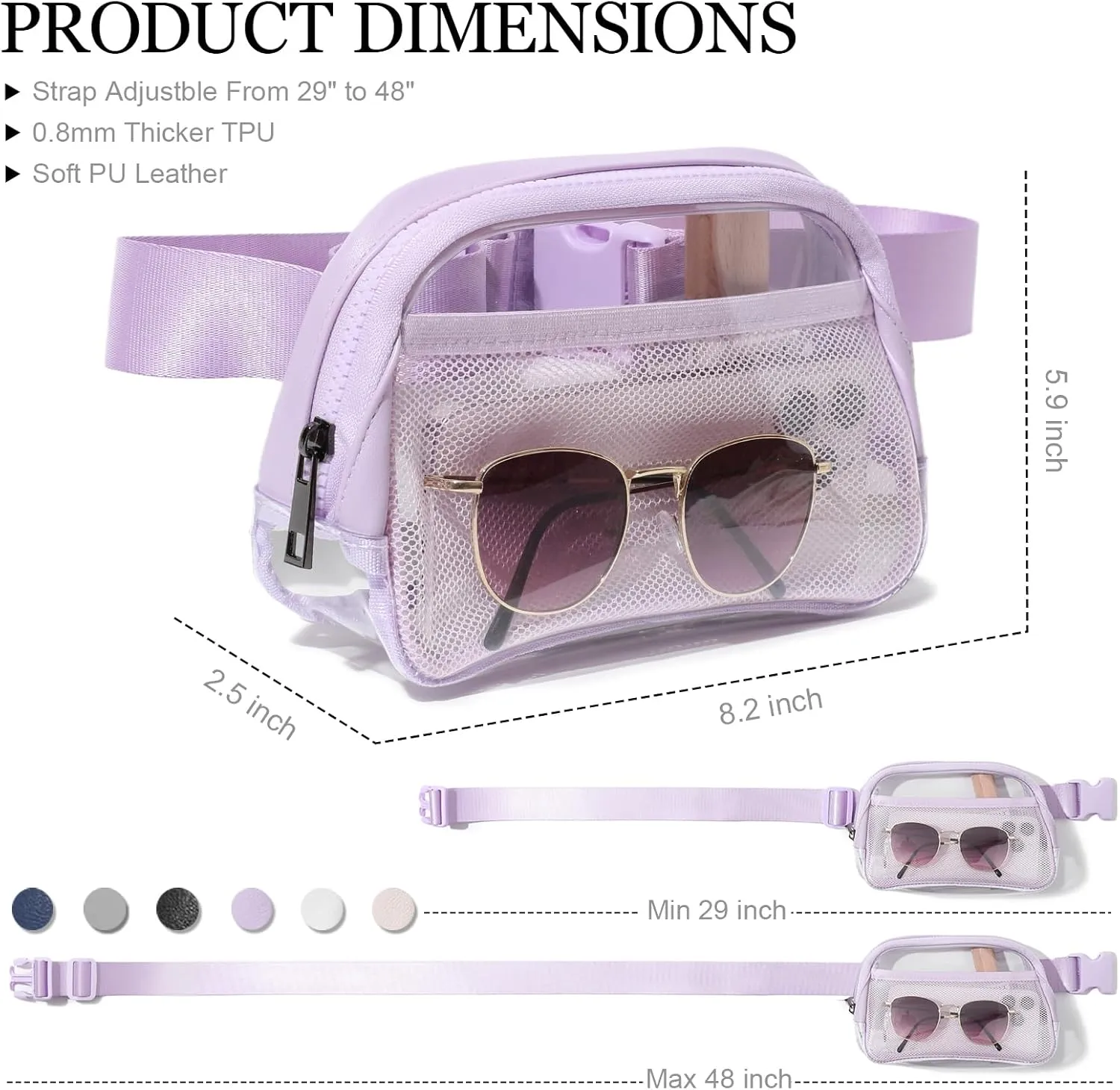 Clear Belt Bag Fanny Pack Stadium Approved, Small Leather Transparent Waist Bag with Adjustable Strap for Concerts Sports Events, Crossbody Purses for Men & Women (Purple)