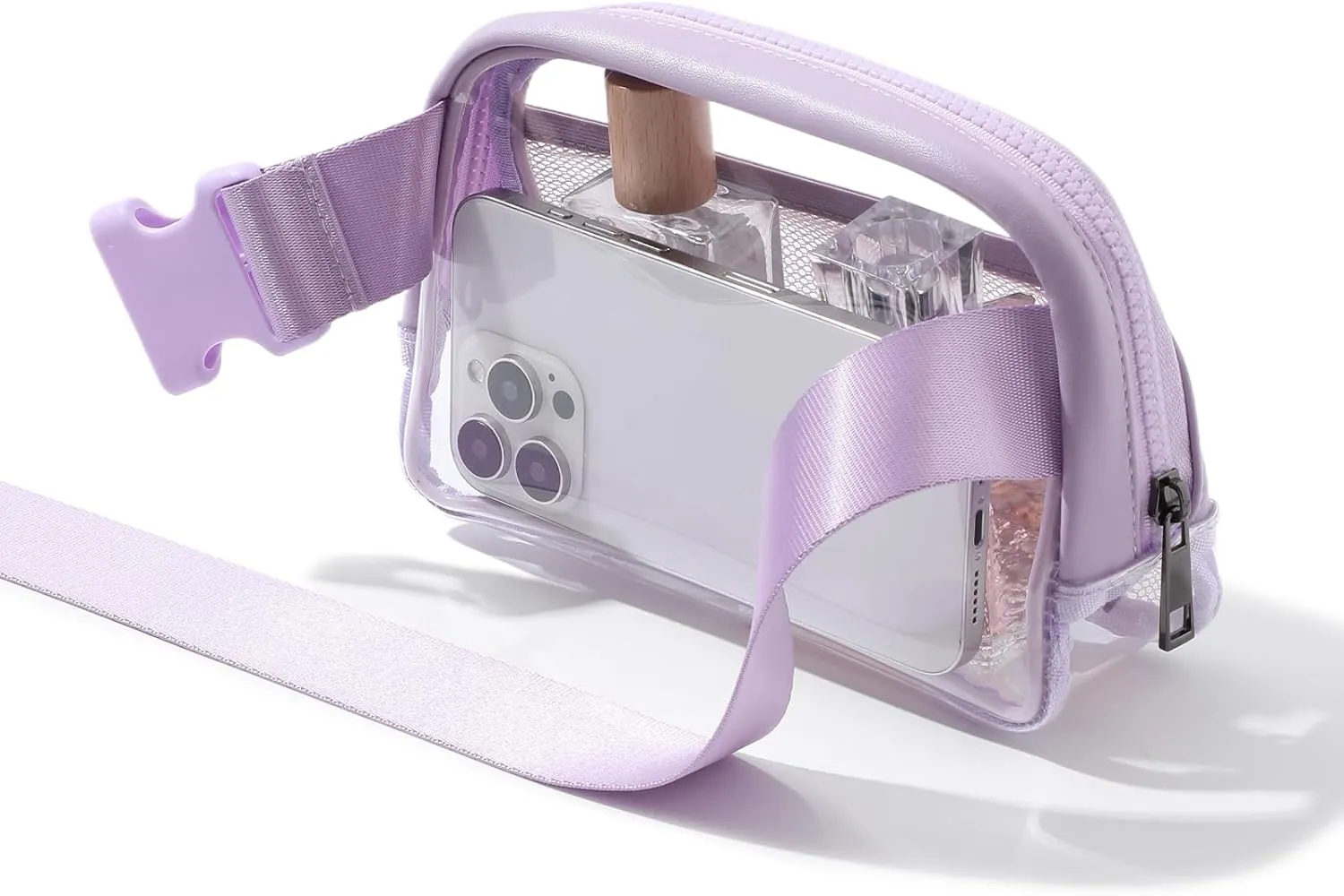 Clear Belt Bag Fanny Pack Stadium Approved, Small Leather Transparent Waist Bag with Adjustable Strap for Concerts Sports Events, Crossbody Purses for Men & Women (Purple)
