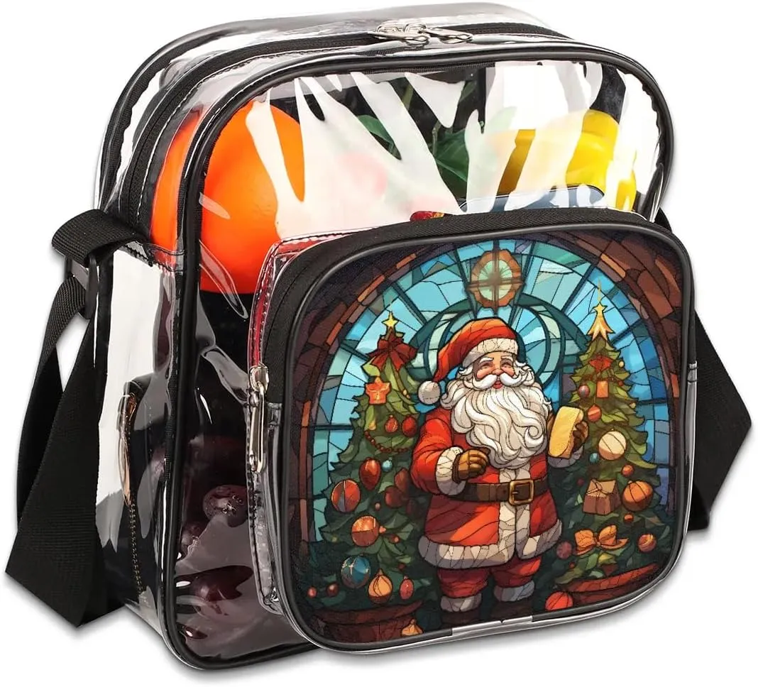 Clear Crossbody Bag for Women Men Stadium Approved Transparent Bag for Festivals,Sports Events,Concerts,Beach Bag Clear Purse with Front Pocket Messenger Bag,Fireplace Santa Claus