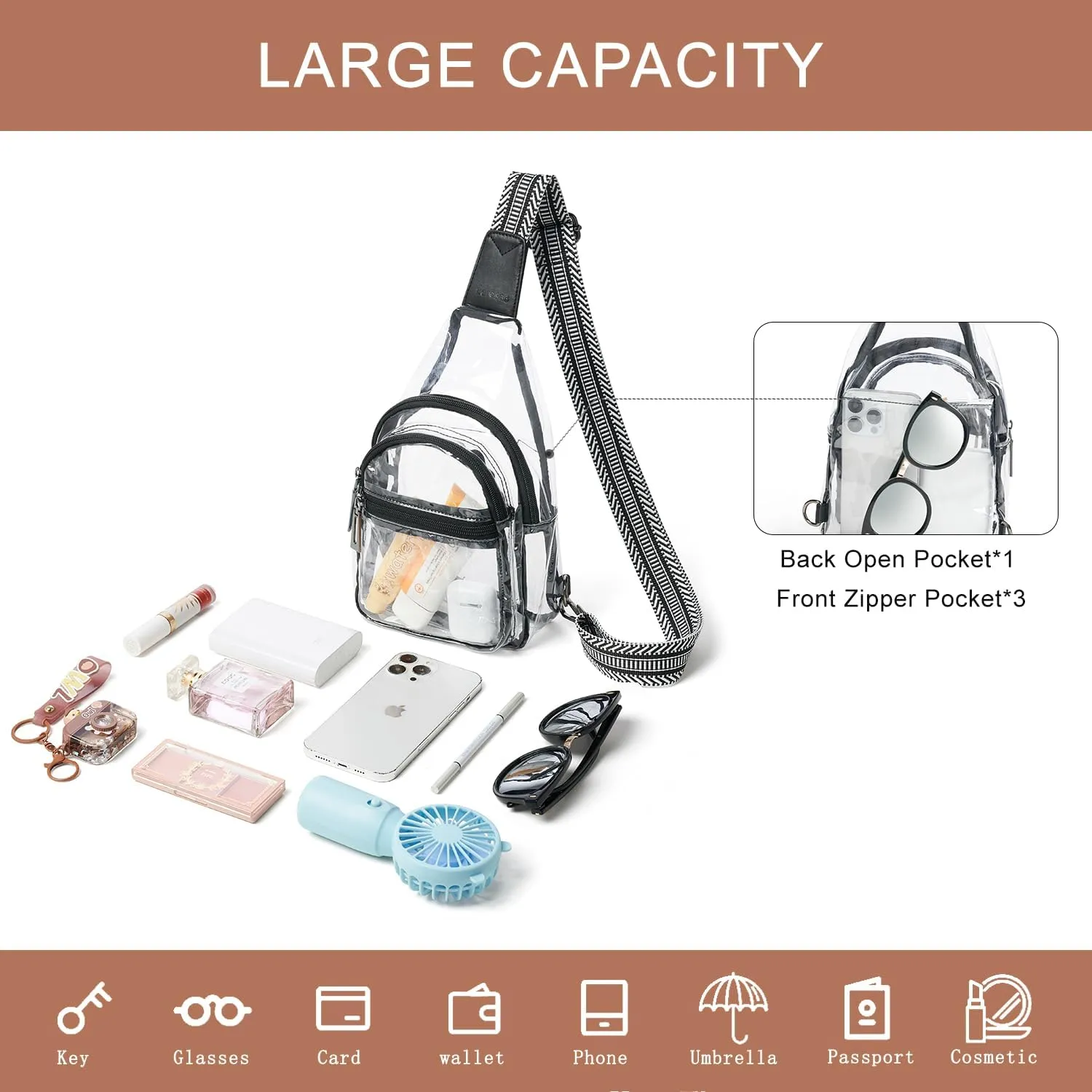 Clear Sling Bag - Stadium Approved Purse Backpack Crossbody Fanny Pack for Women & Men - Concert Events