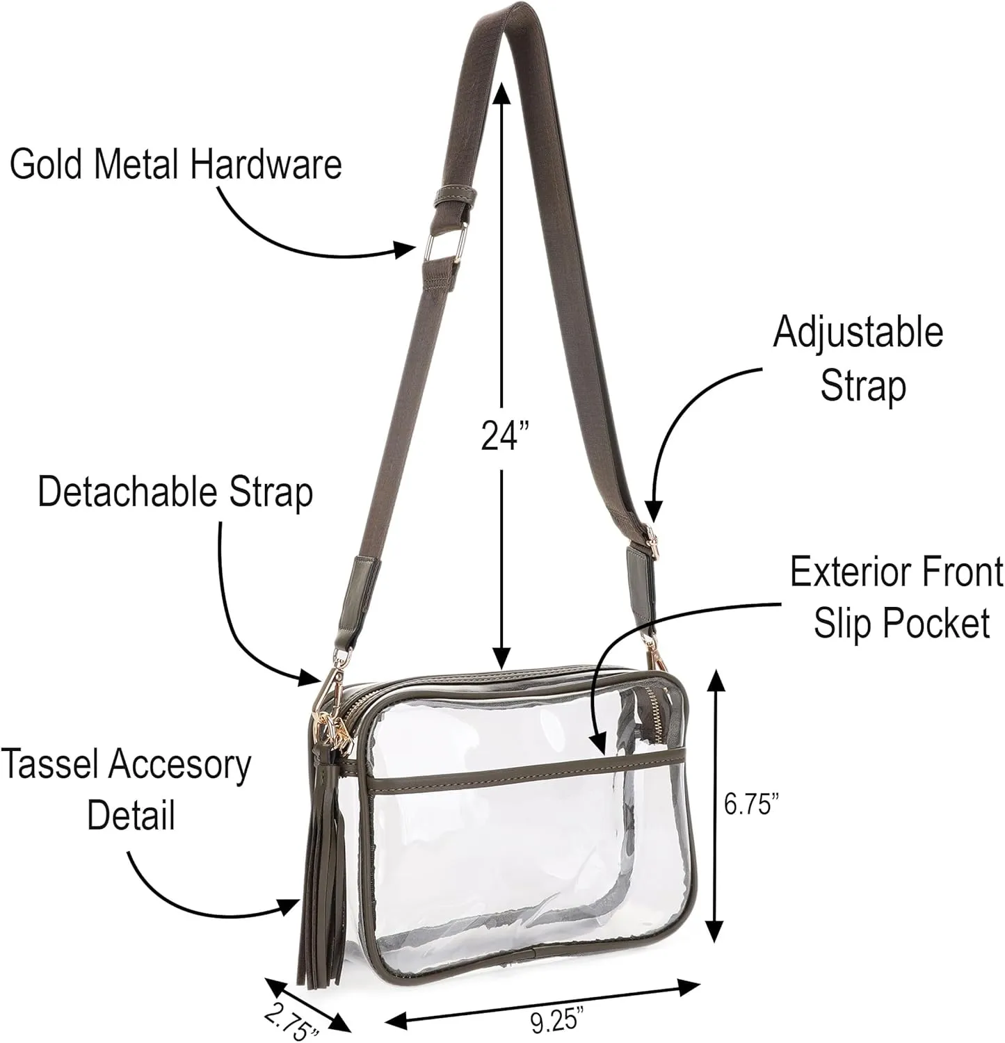 Clear Transparent Crossbody Bag for Stadium Approved Concert Events with Adjustable and Detachable Strap and Tassel