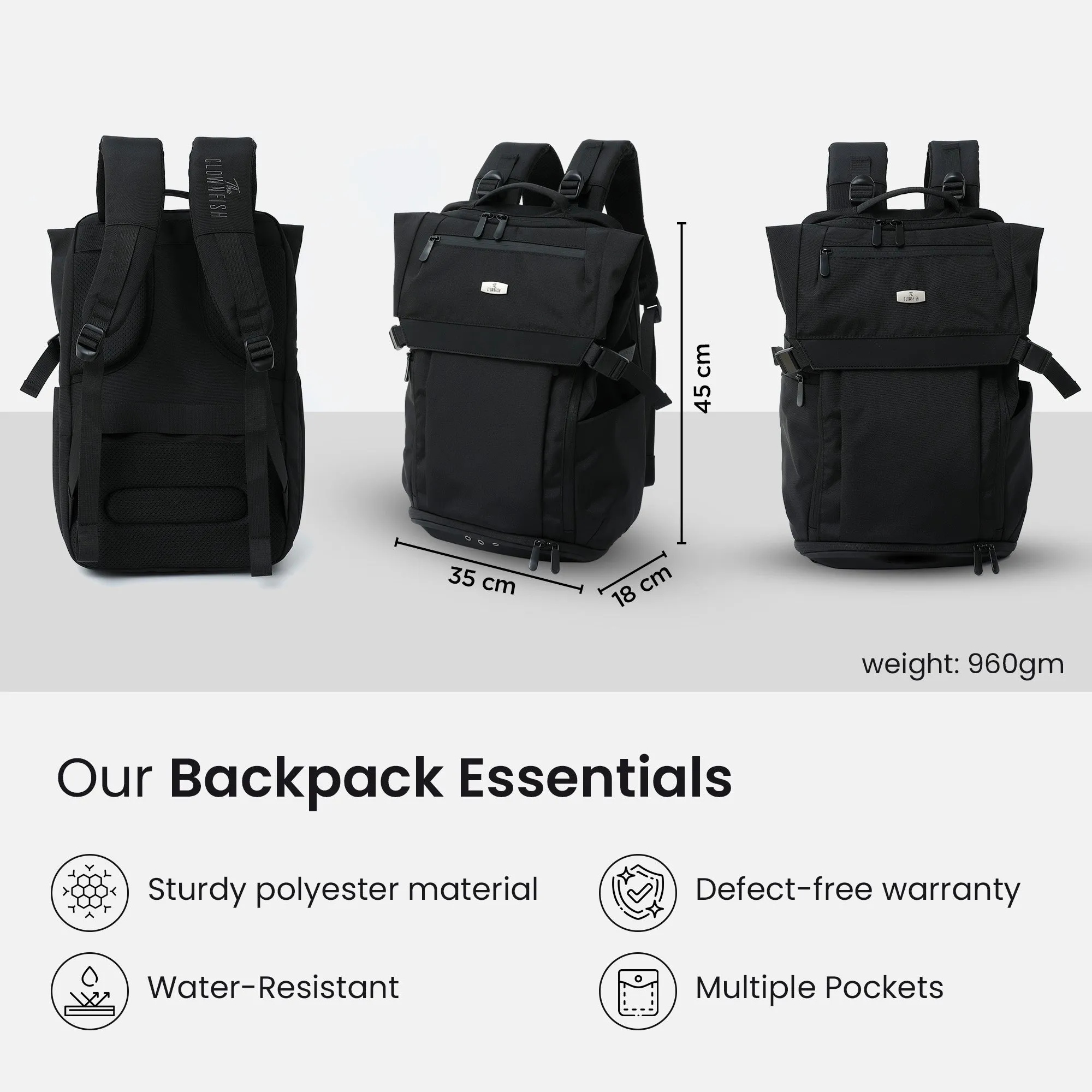 Clownfish Backpack - Spacious, Lightweight | Laptop Holder, Side Buckle | 45*35*18cm | Black