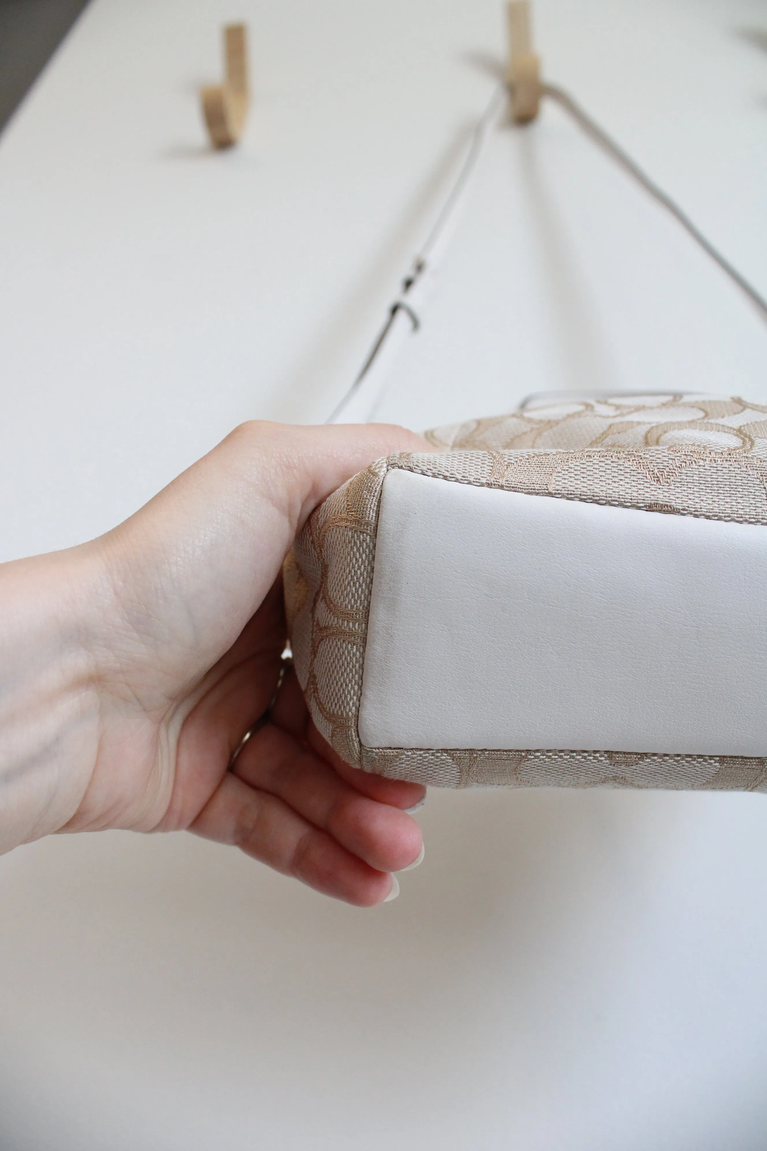 Coach Tan White Leather Monogram Mini Kelsey Satchel Crossbody Purse