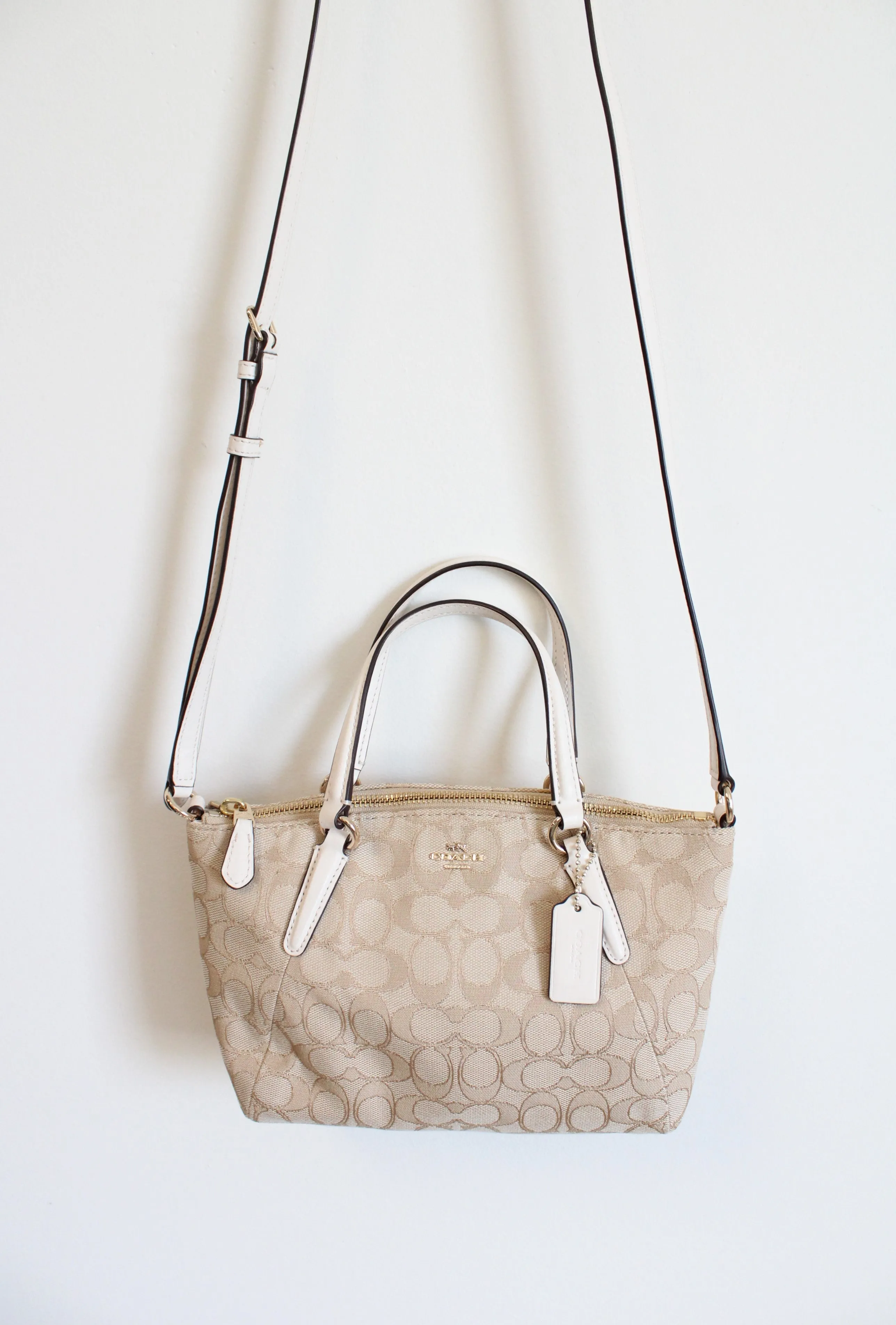 Coach Tan White Leather Monogram Mini Kelsey Satchel Crossbody Purse