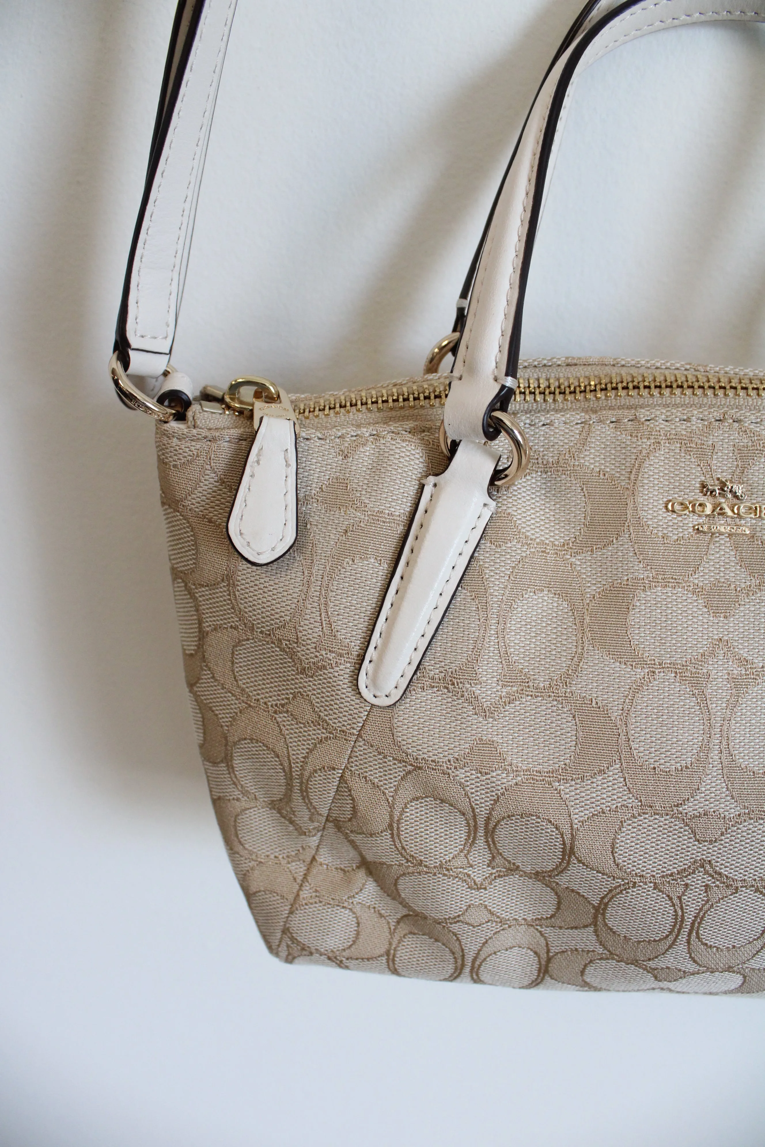 Coach Tan White Leather Monogram Mini Kelsey Satchel Crossbody Purse