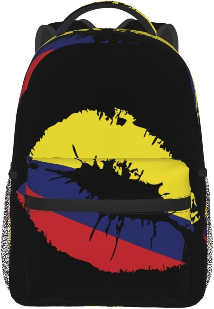 Colombia Flag Lips Colombian Kiss Casual Backpack Travel Pack Bag Laptop Backpacks With Side Pockets Front Zipper Pockets Bookpack Daypack Picnic Rucksack Computer Bag