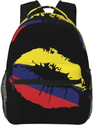 Colombia Flag Lips Colombian Kiss Casual Backpack Travel Pack Bag Laptop Backpacks With Side Pockets Front Zipper Pockets Bookpack Daypack Picnic Rucksack Computer Bag