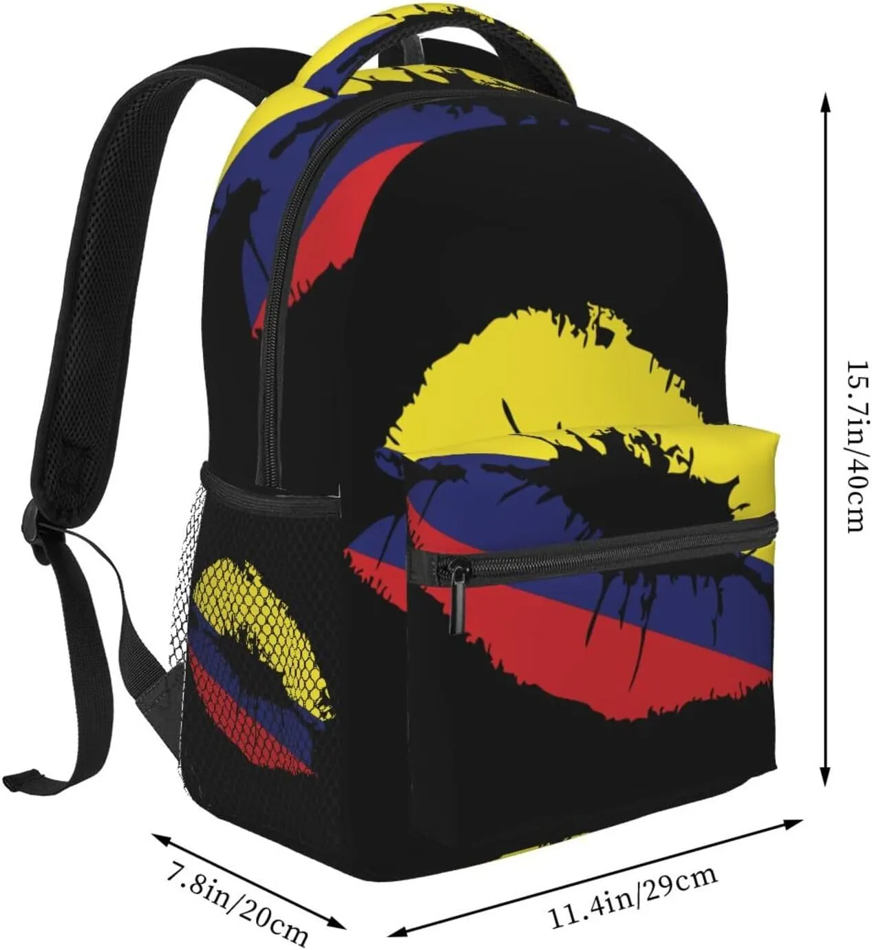 Colombia Flag Lips Colombian Kiss Casual Backpack Travel Pack Bag Laptop Backpacks With Side Pockets Front Zipper Pockets Bookpack Daypack Picnic Rucksack Computer Bag