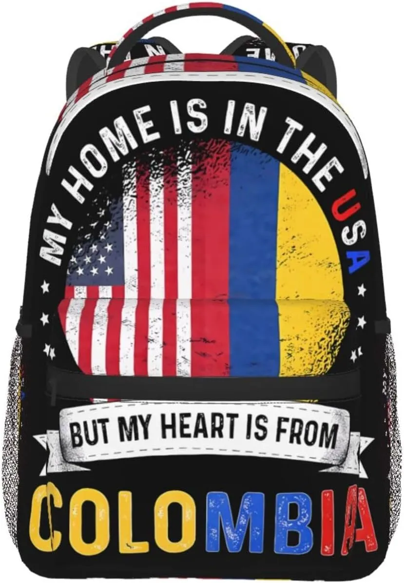 Colombian American Patriot Heart Is From Colombia Flag Casual Backpack Travel Pack Bag Laptop Backpacks With Side Pockets Front Zipper Pockets Bookpack Daypack Picnic Rucksack Computer Bag